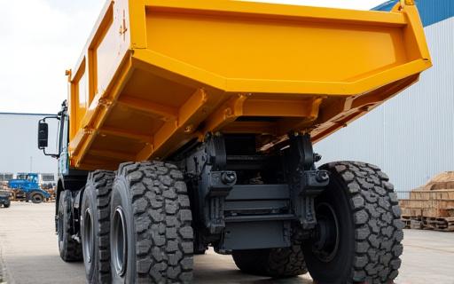 Hydraulic dump truck body in raised position