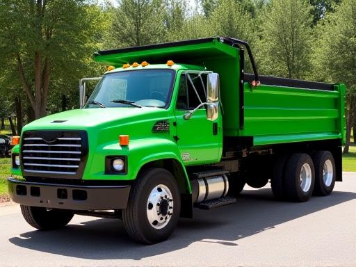 Green landscaping dump truck with mesh sides