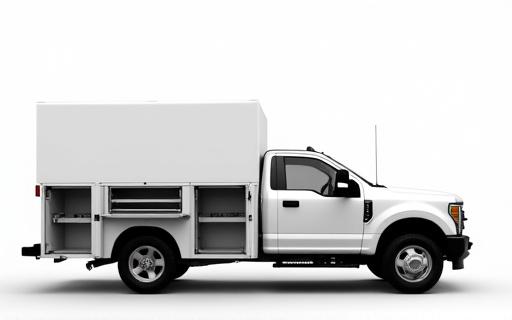 White utility truck body with open compartments