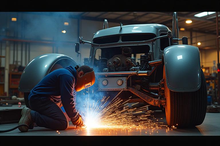 Welders working on a custom truck body frame